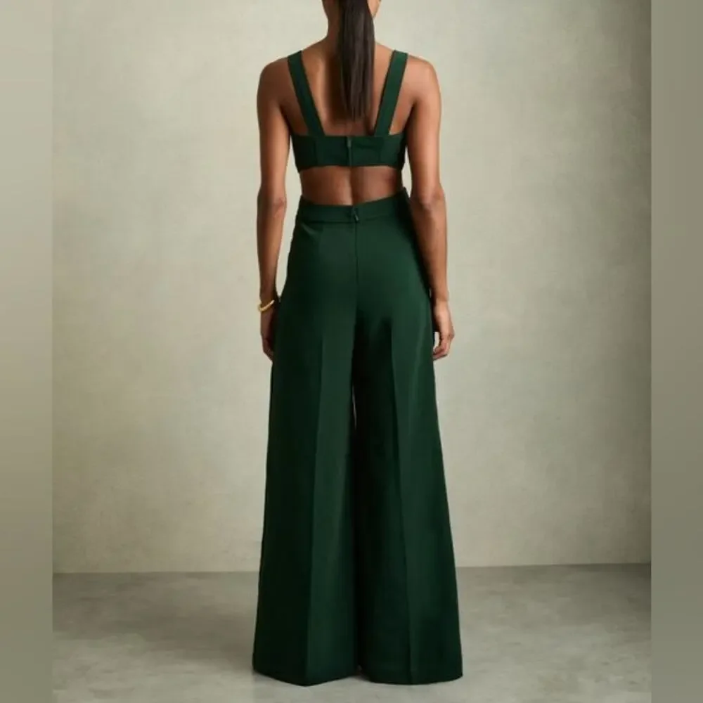 NWOT Reiss Dark Green Dion cutout wide leg Jumpsuit US 6 - Picture 4 of 16